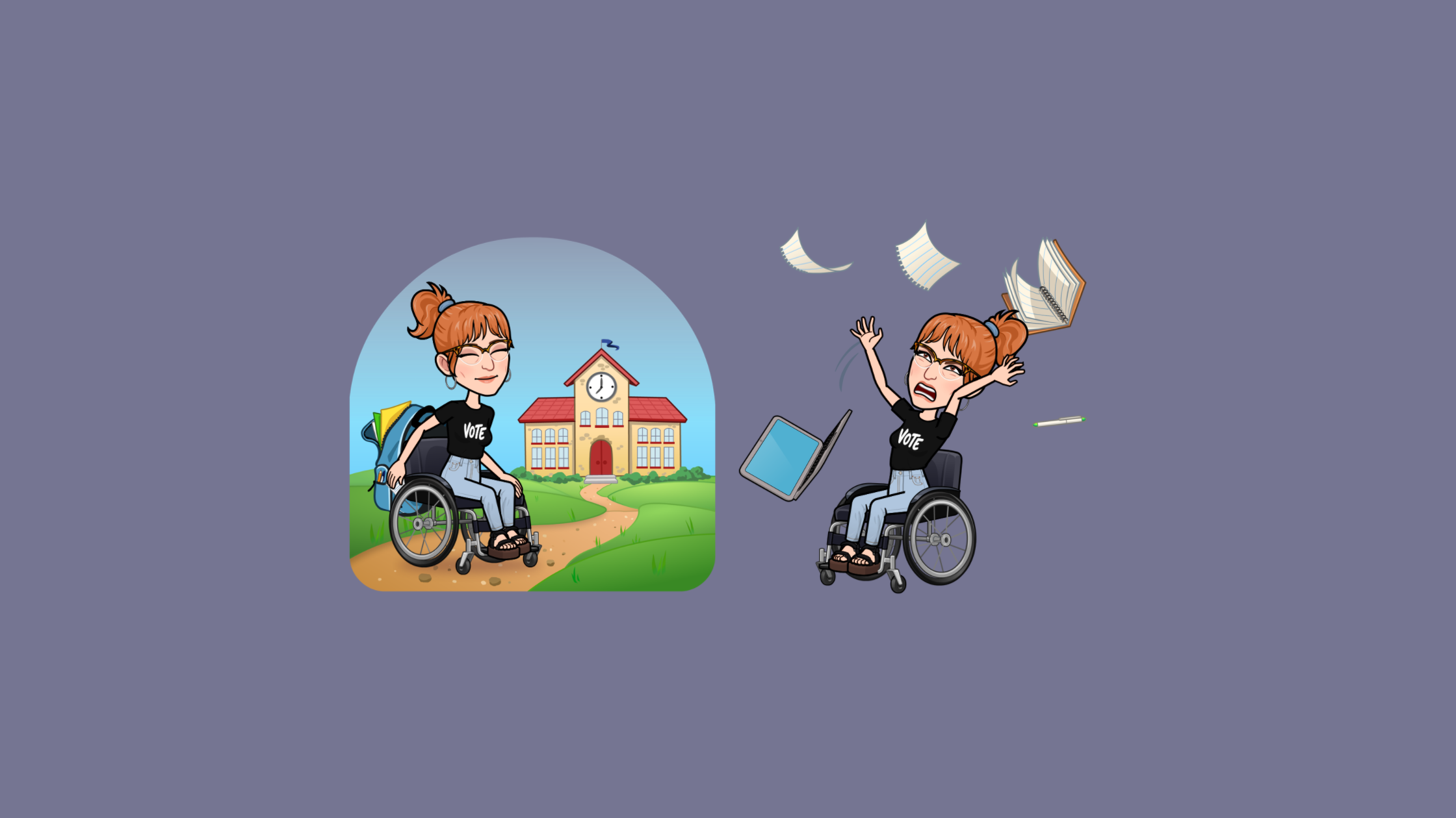 two bitmojis of a white woman with red hair in a wheelchair with her hair in a ponytail and wearing jeans with a black tshirt that says "vote"